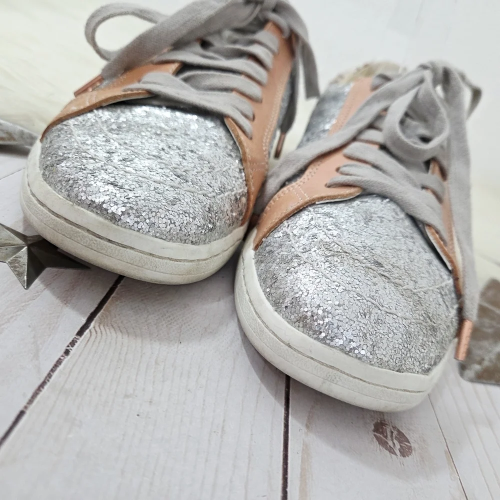 Dolce Vita Nino Silver Glitter Sneakers Animal Print Pony Hair Leather Size 9